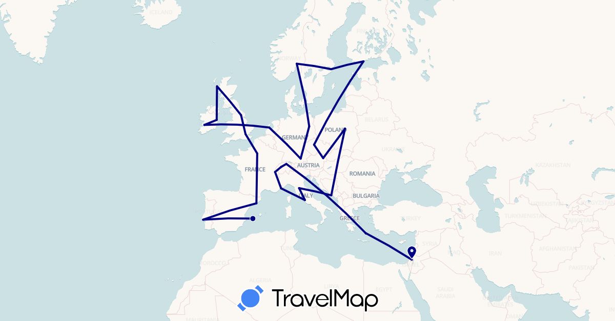 TravelMap itinerary: driving in Austria, Switzerland, Czech Republic, Germany, Denmark, Spain, Finland, France, United Kingdom, Greece, Croatia, Ireland, Israel, Italy, Monaco, Netherlands, Norway, Poland, Portugal, Sweden (Asia, Europe)